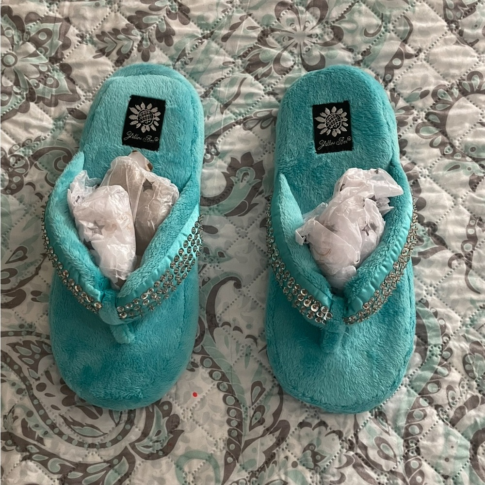 Yellow Box Turquoise Slippers with Rhinestones - Picture 2 of 3
